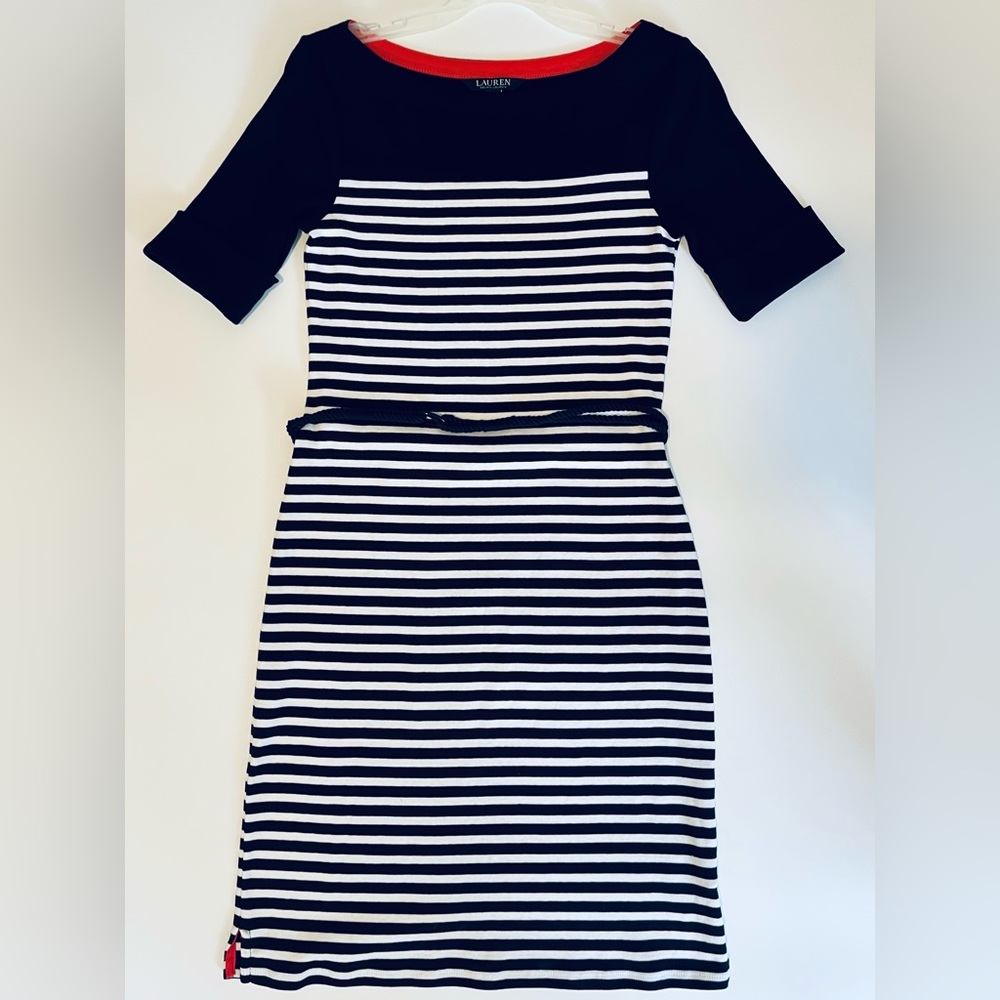 Lauren Ralph Lauren Striped Cotton Dress with Braided Belt S Small